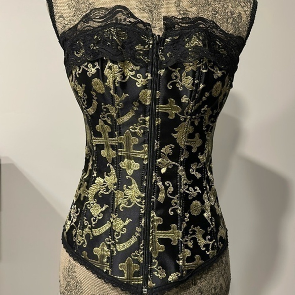 Charades black satin/lace gold thread floral detail lace up/zipper corset medium